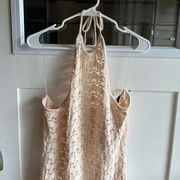 FUTURE COLLECTIVE Halter Tie Neck Open Knit Crochet Midi Dress - Picture 4 of 12